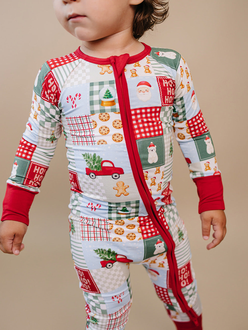 Christmas Patchwork Bamboo Zippy — toddler baby in patchwork Christmas romper, Lucky Panda Kids