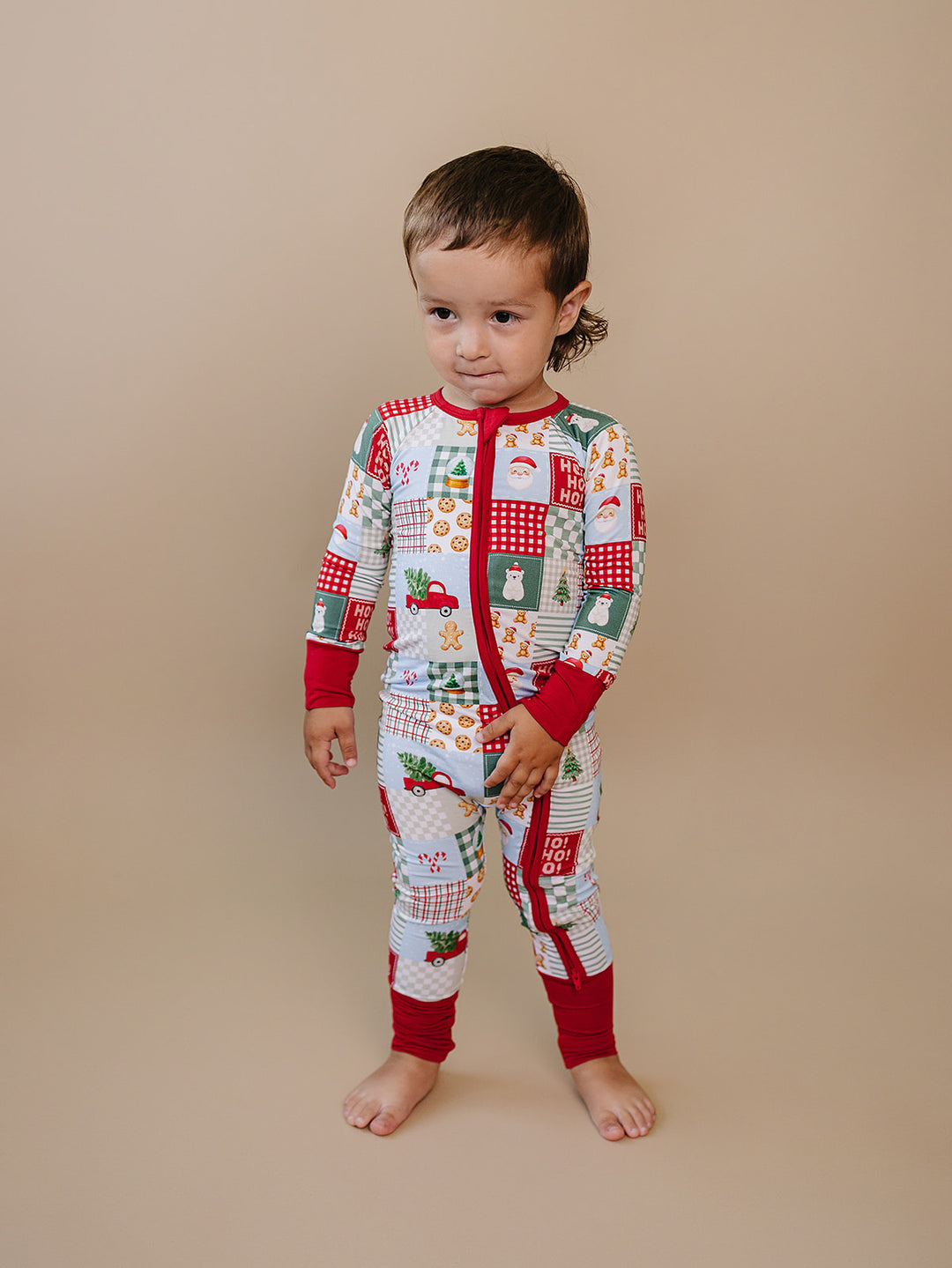 Christmas Patchwork Bamboo Zippy — toddler baby in patchwork Christmas romper, Lucky Panda Kids