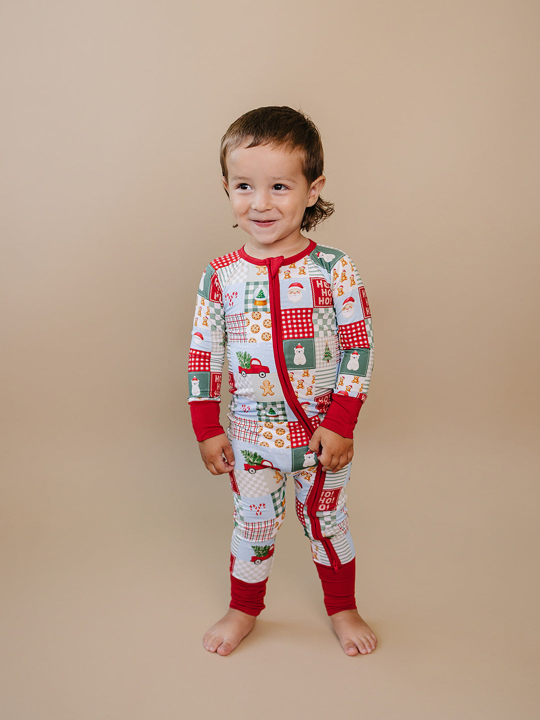 Christmas Patchwork Bamboo Zippy — toddler baby in patchwork Christmas romper, Lucky Panda Kids