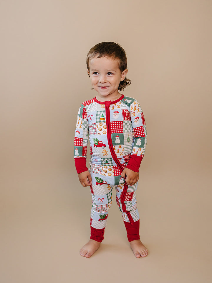 Christmas Patchwork Bamboo Zippy — toddler baby in patchwork Christmas romper, Lucky Panda Kids