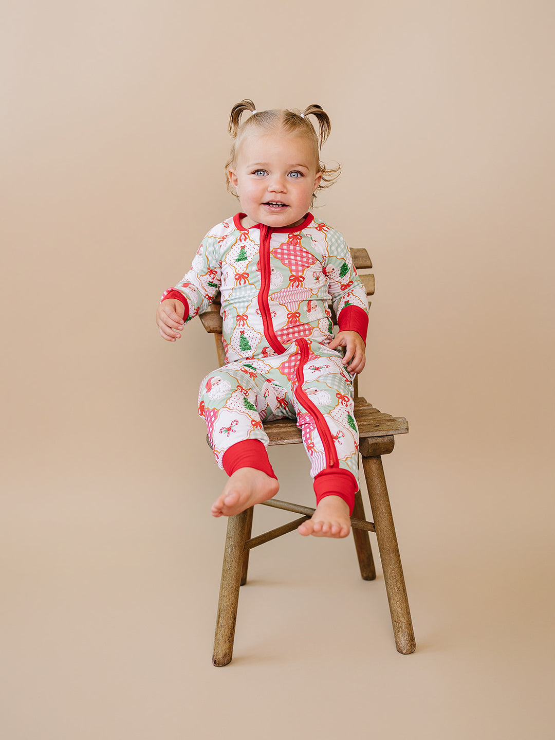  Christmas Patchwork Bamboo Zippy — baby in patchwork Christmas romper, Lucky Panda Kids
