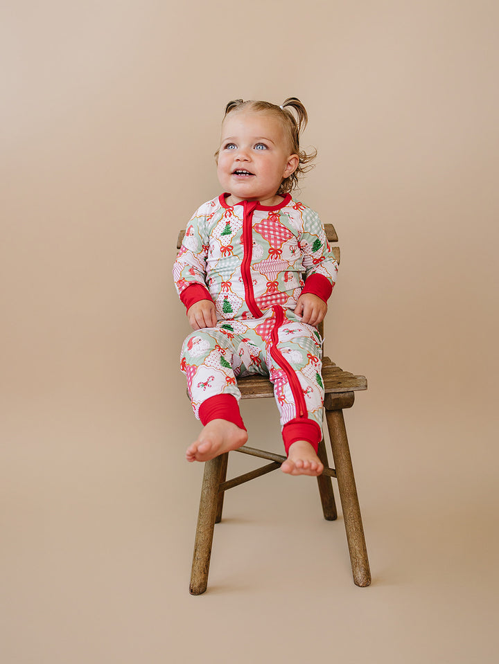  Christmas Patchwork Bamboo Zippy — baby in patchwork Christmas romper, Lucky Panda Kids
