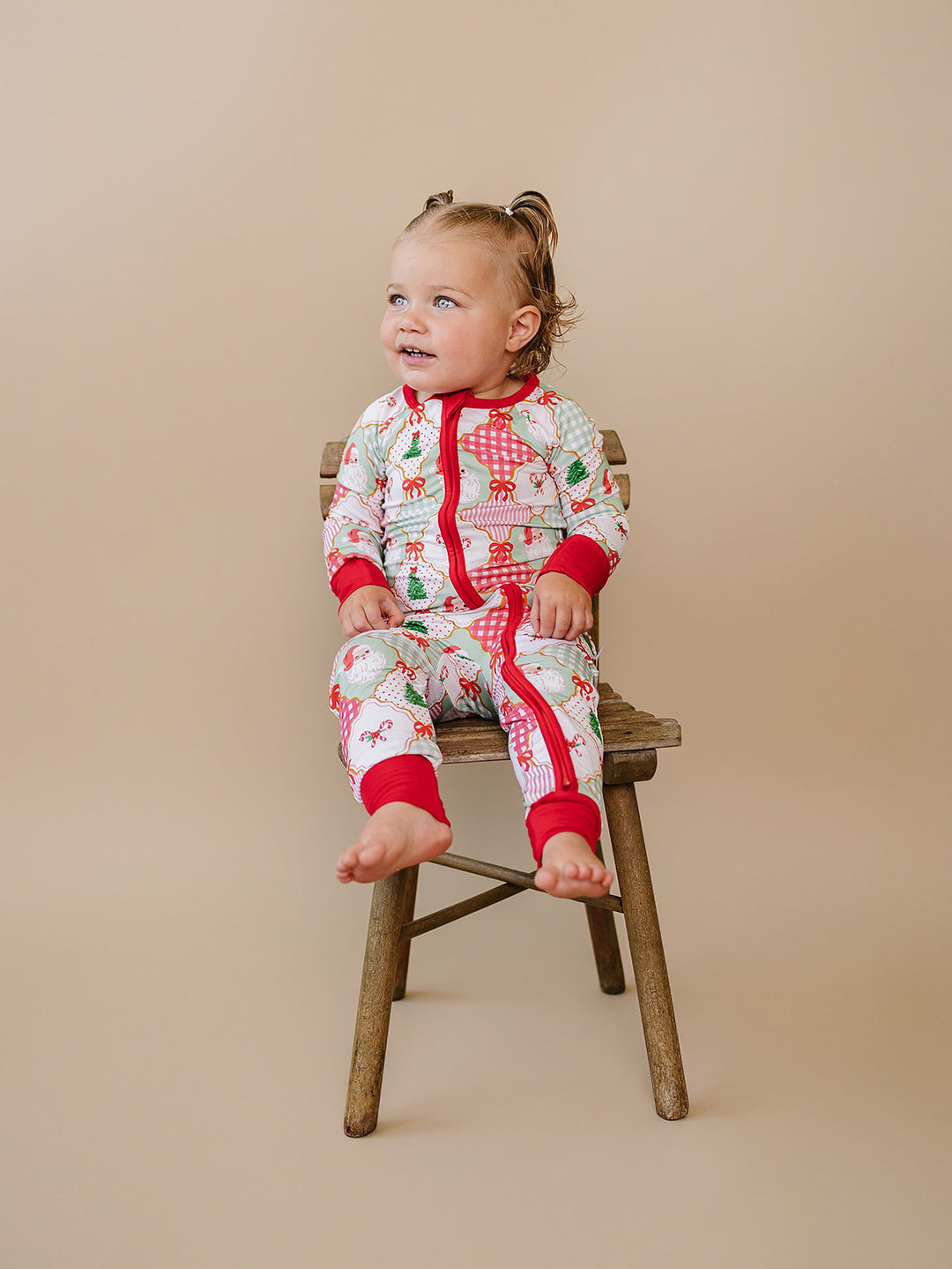  Christmas Patchwork Bamboo Zippy — baby in patchwork Christmas romper, Lucky Panda Kids
