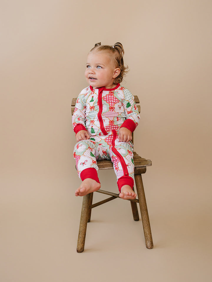  Christmas Patchwork Bamboo Zippy — baby in patchwork Christmas romper, Lucky Panda Kids
