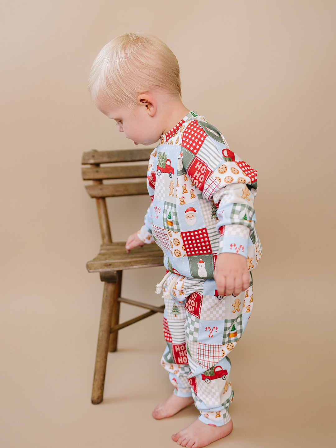 Christmas Patchwork Jogger Set — toddler boy in patchwork Christmas pajama set, Lucky Panda Kids
