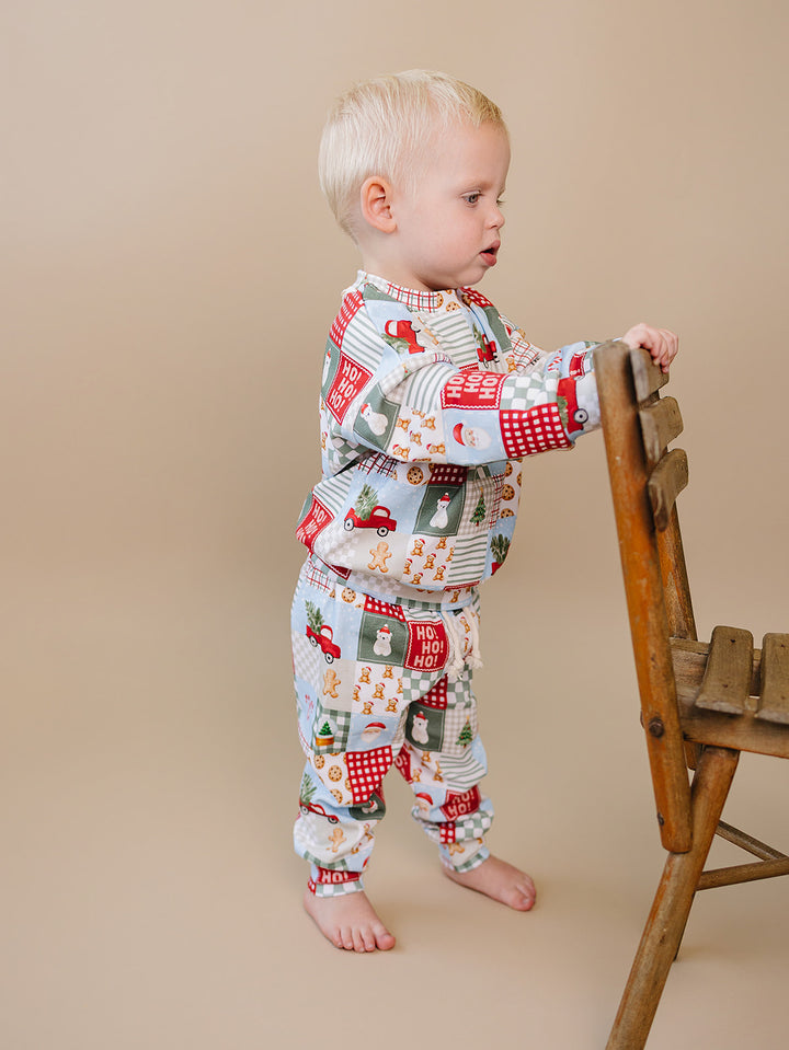 Christmas Patchwork Jogger Set — toddler boy in patchwork Christmas pajama set, Lucky Panda Kids