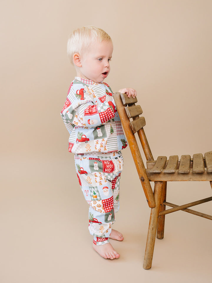 Christmas Patchwork Jogger Set — toddler boy in patchwork Christmas pajama set, Lucky Panda Kids