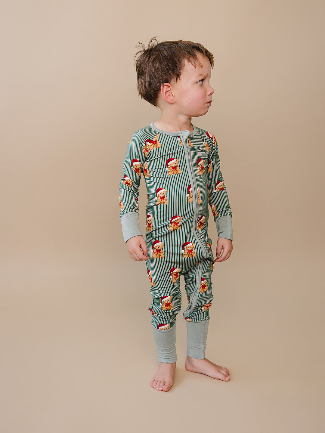 Merry Bear Bamboo Zippy — baby in Santa hat bear print Christmas romper, Lucky Panda Kids

