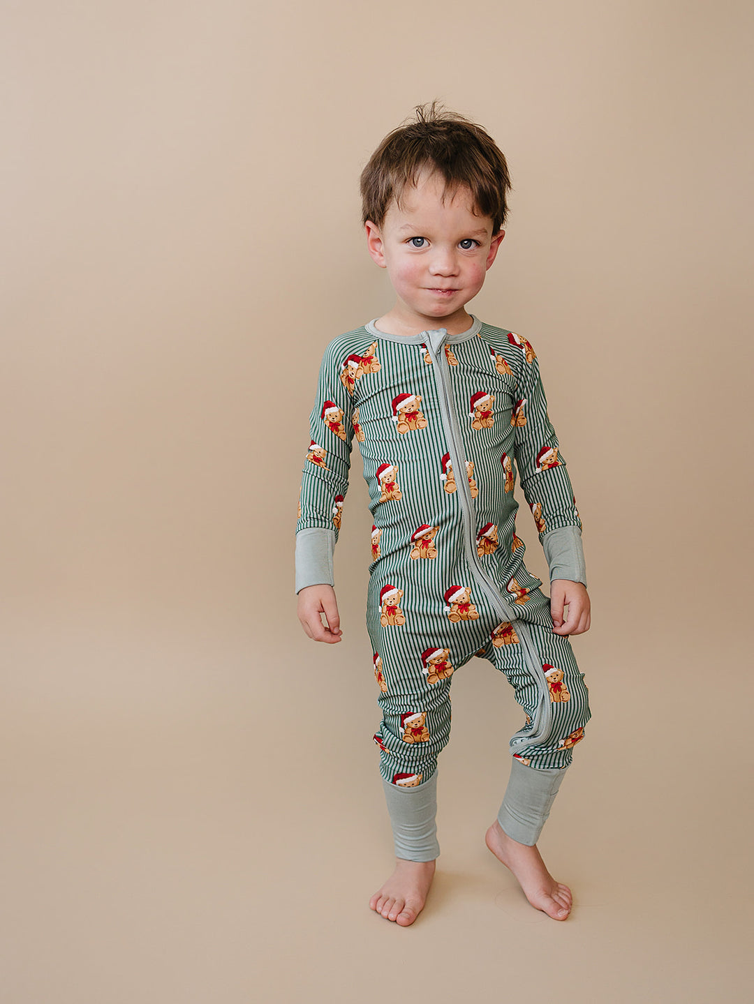 Merry Bear Bamboo Zippy — baby in Santa hat bear print Christmas romper, Lucky Panda Kids
