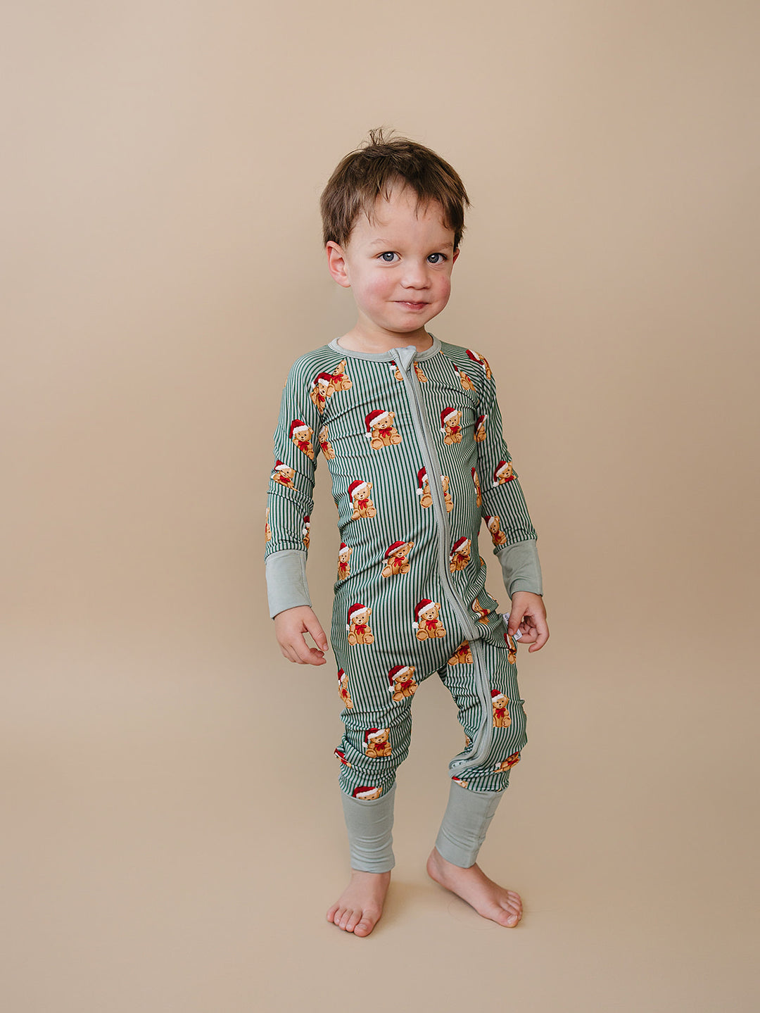 Merry Bear Bamboo Zippy — baby in Santa hat bear print Christmas romper, Lucky Panda Kids

