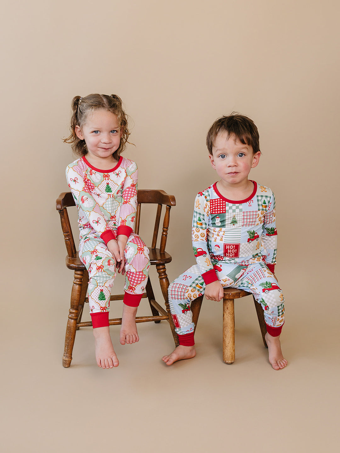  Christmas Patchwork Bamboo Two Piece — toddler boy in patchwork Christmas pajama set, Lucky Panda Kids
