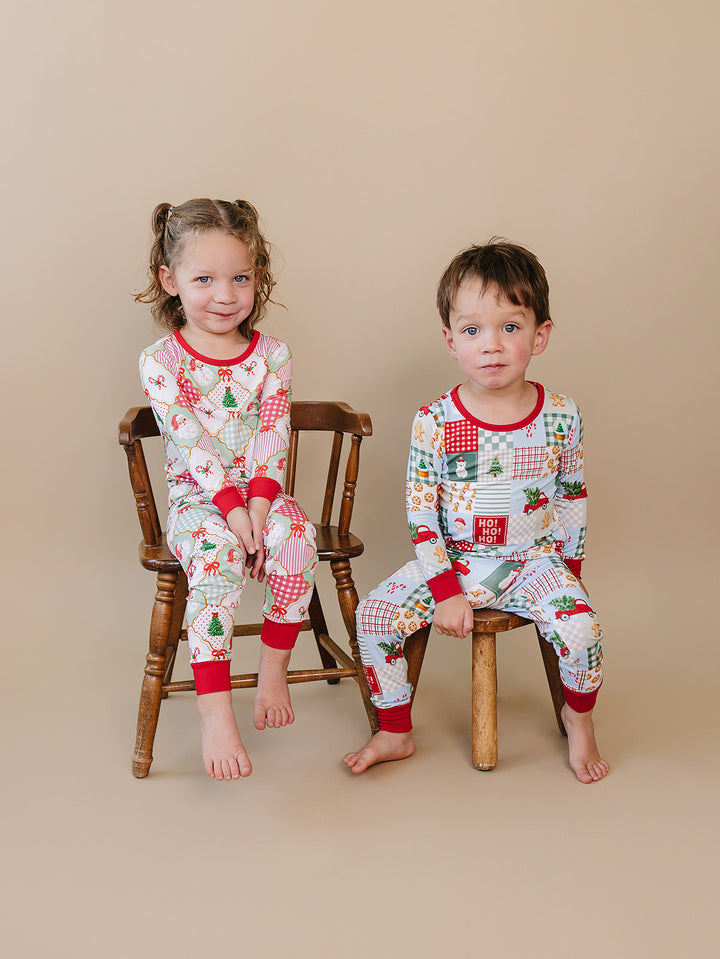  Christmas Patchwork Bamboo Two Piece — toddler boy in patchwork Christmas pajama set, Lucky Panda Kids
