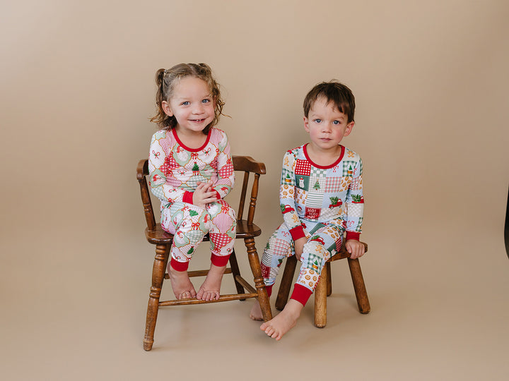  Christmas Patchwork Bamboo Two Piece — toddler boy in patchwork Christmas pajama set, Lucky Panda Kids
