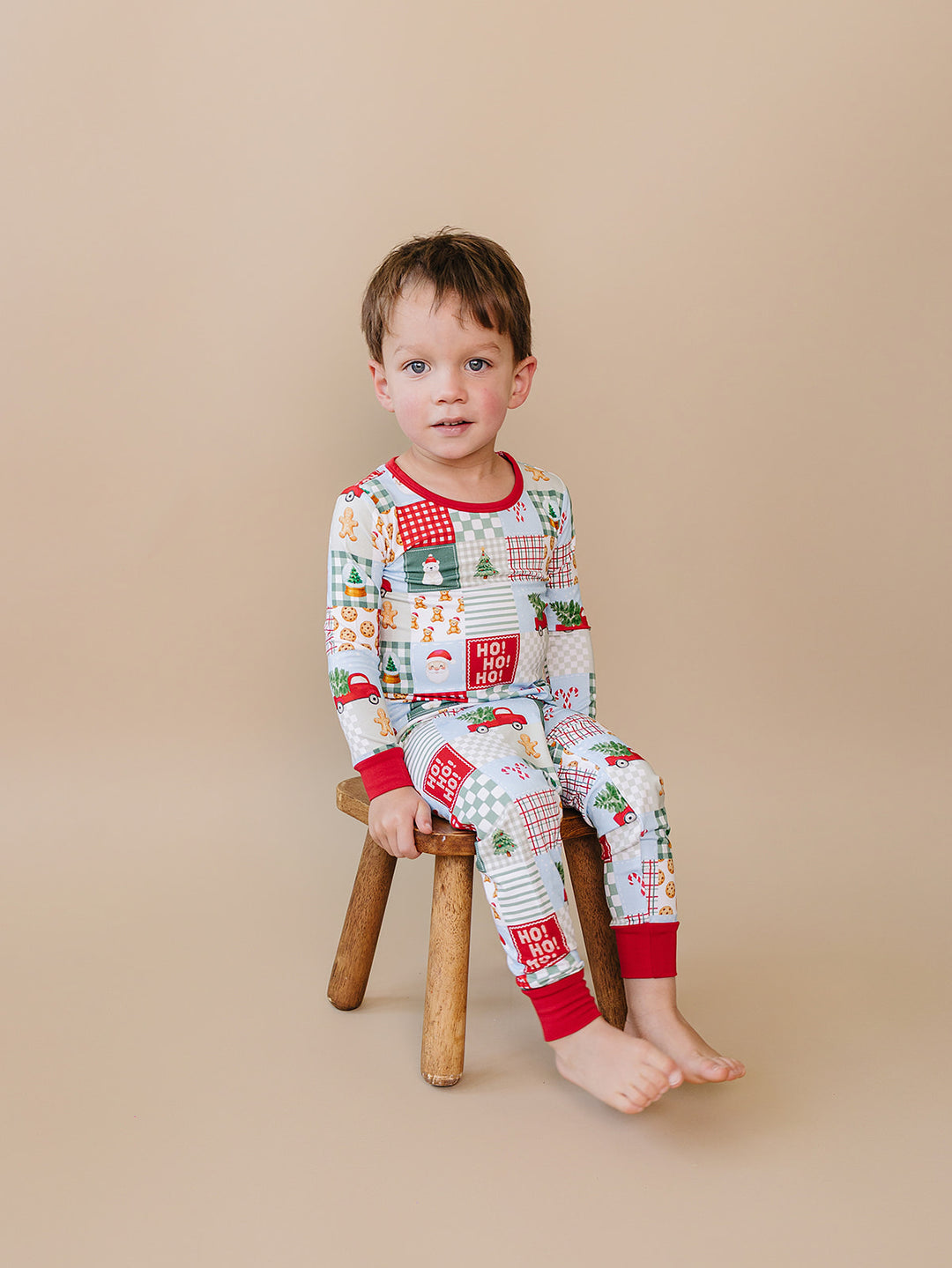  Christmas Patchwork Bamboo Two Piece — toddler boy in patchwork Christmas pajama set, Lucky Panda Kids
