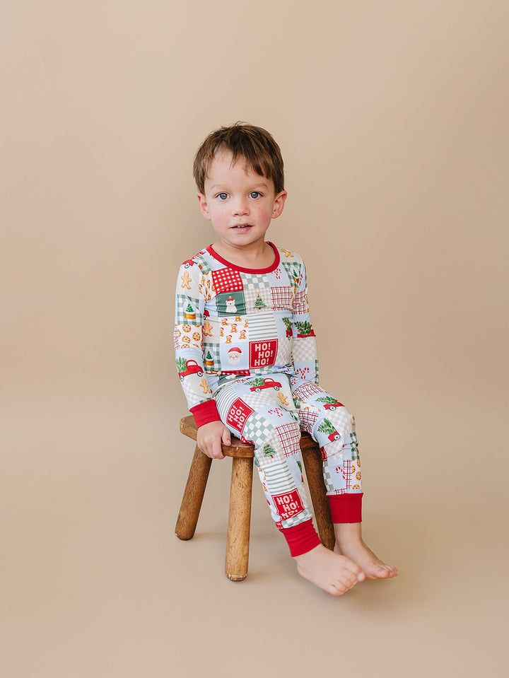  Christmas Patchwork Bamboo Two Piece — toddler boy in patchwork Christmas pajama set, Lucky Panda Kids