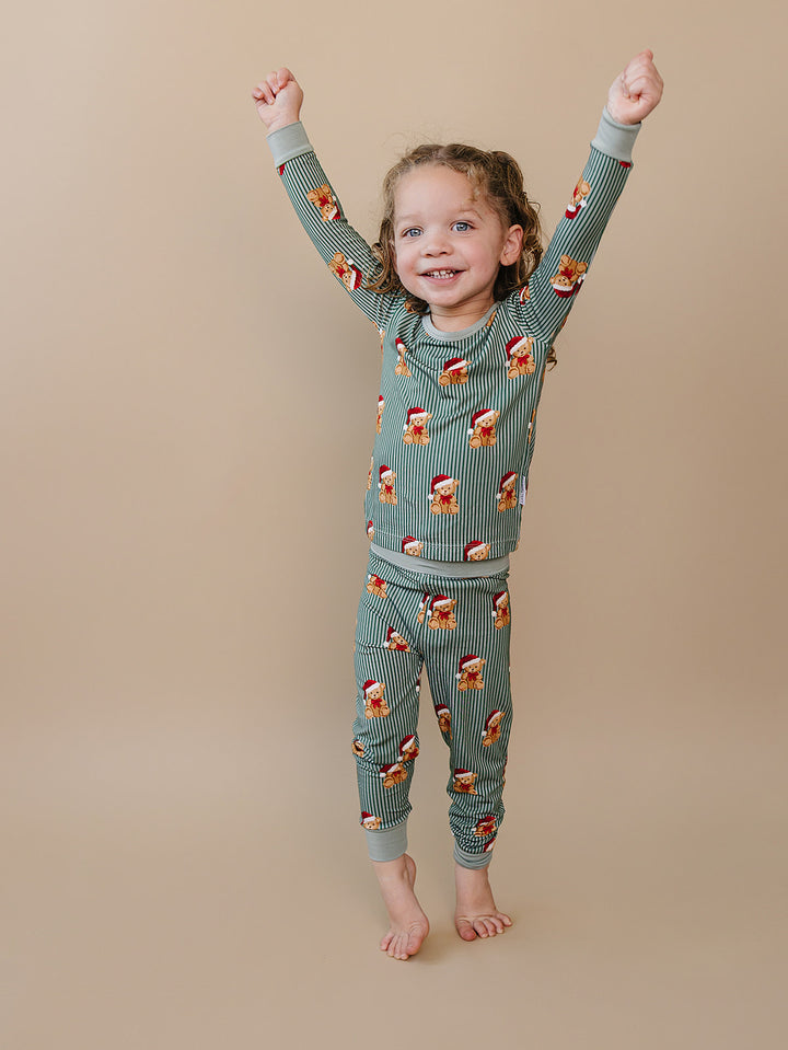 Merry Bear Bamboo Two Piece — toddler in Santa hat bear print Christmas pajama set, Lucky Panda Kids