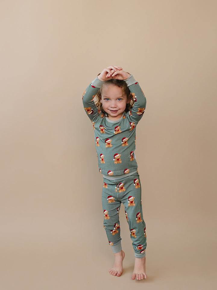 Merry Bear Bamboo Two Piece — toddler in Santa hat bear print Christmas pajama set, Lucky Panda Kids