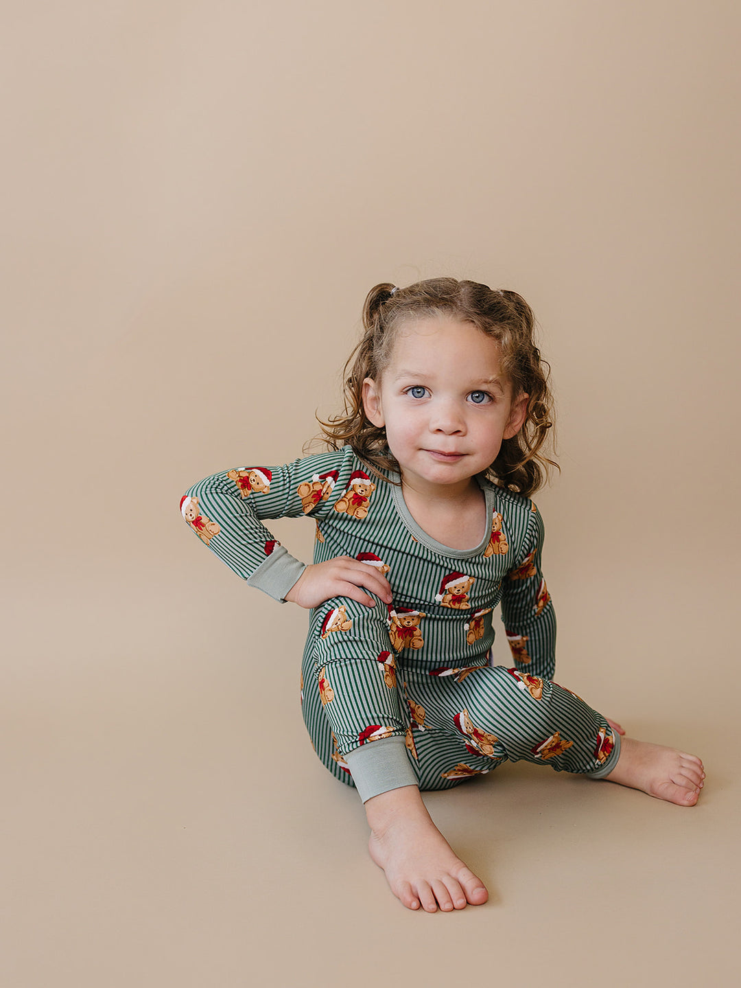 Merry Bear Bamboo Two Piece — toddler in Santa hat bear print Christmas pajama set, Lucky Panda Kids