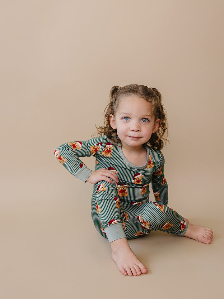 Merry Bear Bamboo Two Piece — toddler in Santa hat bear print Christmas pajama set, Lucky Panda Kids