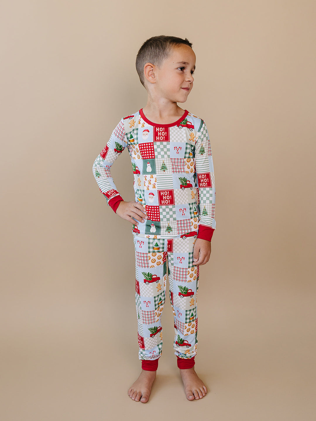  Christmas Patchwork Bamboo Two Piece — toddler boy in patchwork Christmas pajama set, Lucky Panda Kids
