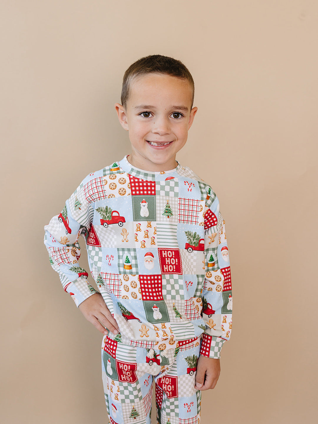 Christmas Patchwork Jogger Set — toddler boy in patchwork Christmas pajama set, Lucky Panda Kids