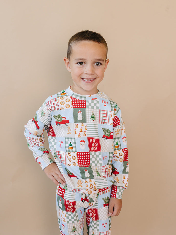Christmas Patchwork Jogger Set — toddler boy in patchwork Christmas pajama set, Lucky Panda Kids