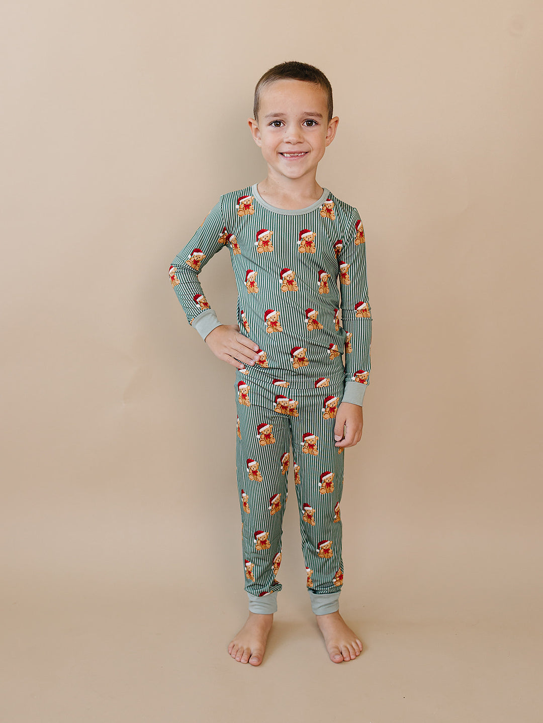 Merry Bear Bamboo Two Piece — toddler in Santa hat bear print Christmas pajama set, Lucky Panda Kids