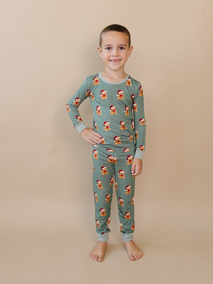 Merry Bear Bamboo Two Piece — toddler in Santa hat bear print Christmas pajama set, Lucky Panda Kids