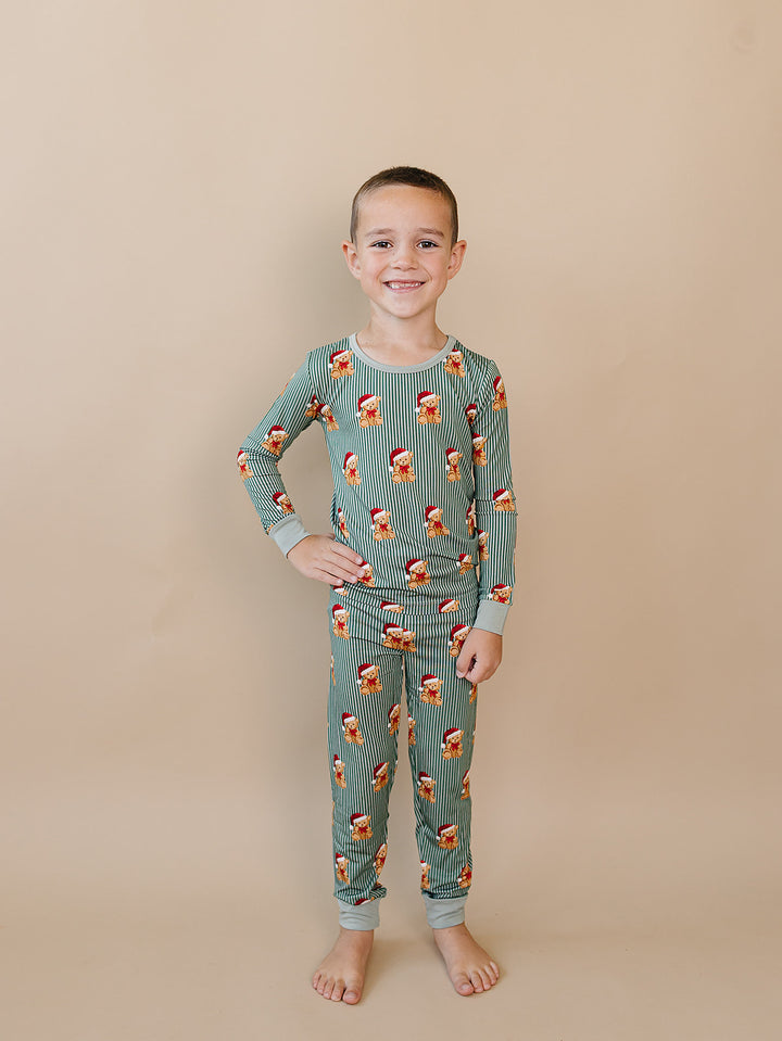 Merry Bear Bamboo Two Piece — toddler in Santa hat bear print Christmas pajama set, Lucky Panda Kids