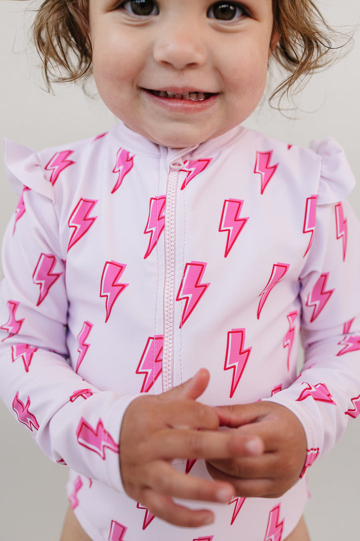 Long Sleeve Rash Guard Swimsuit | Pink Bolts