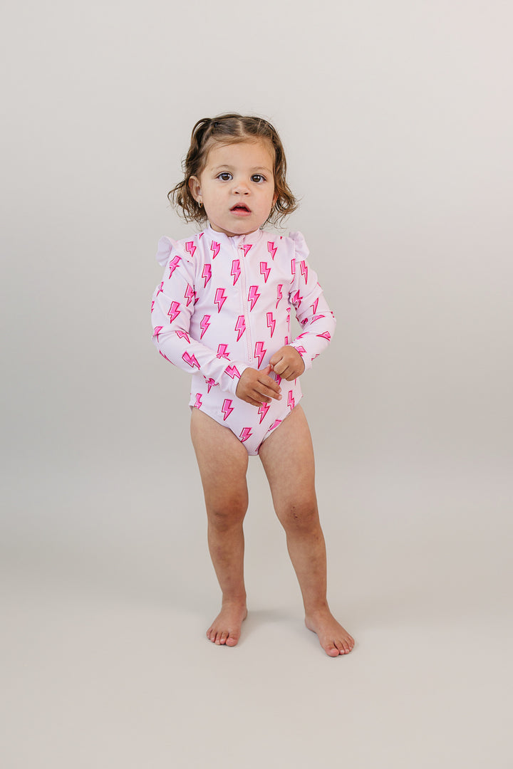 Long Sleeve Rash Guard Swimsuit | Pink Bolts