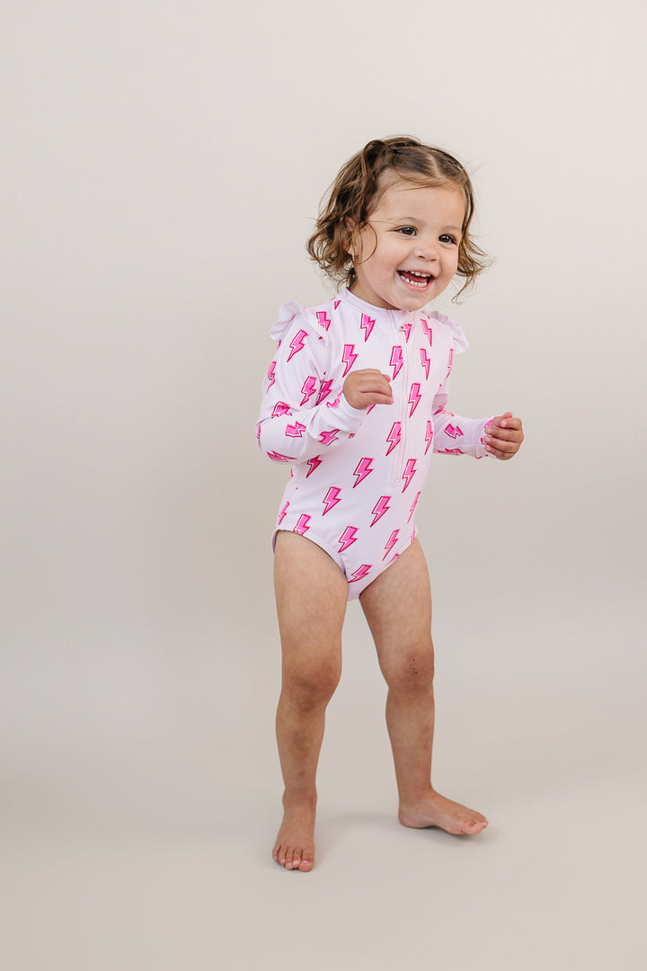 Long Sleeve Rash Guard Swimsuit | Pink Bolts