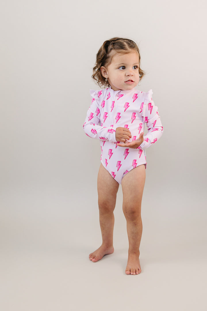 Long Sleeve Rash Guard Swimsuit | Pink Bolts
