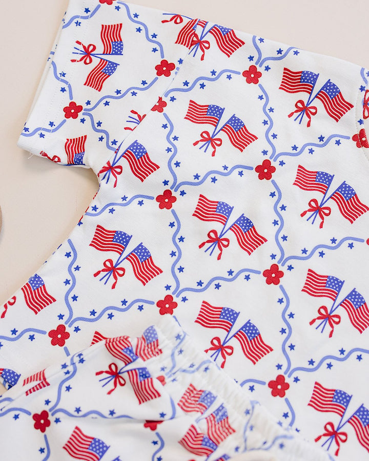 Lucky Panda Kids Cotton Shorts Set American Girl — front view, patriotic print, elastic waistband shorts