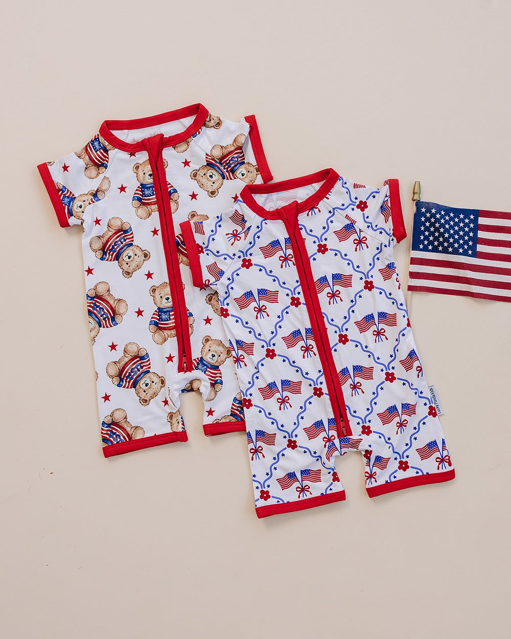 Lucky Panda Kids Bamboo Shorts Set American Girl flat lay — Independence Day toddler & baby girl outfit