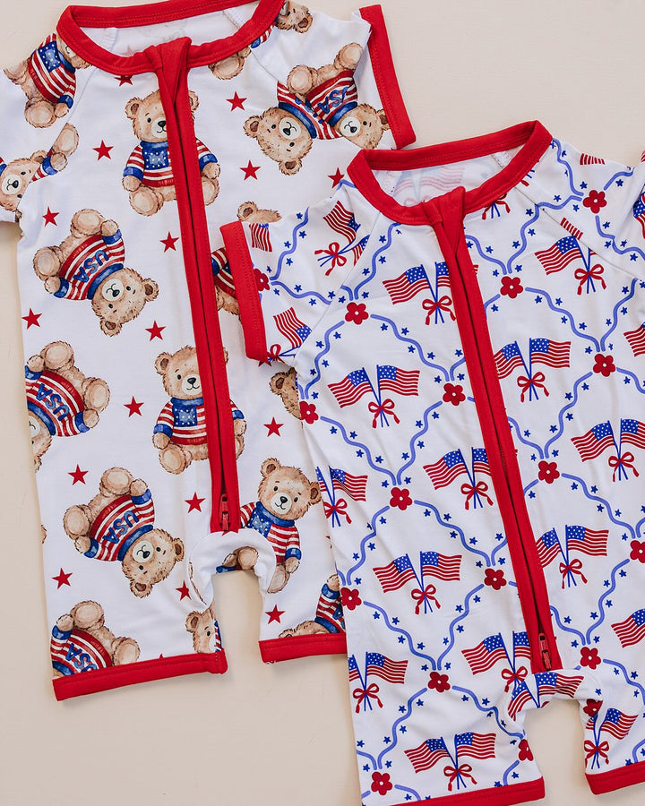 Close-up of Lucky Panda Kids American Bear bamboo romper — soft 220 GSM bamboo, patriotic bear print