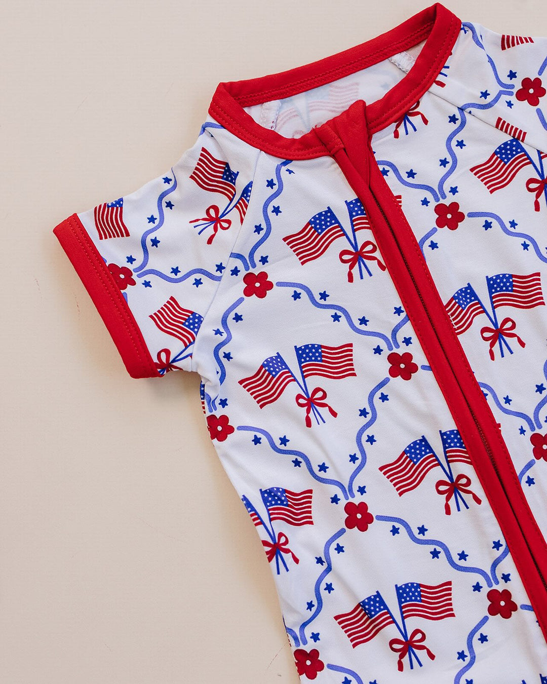 Close-up of Lucky Panda Kids American Girl bamboo shorts set fabric — buttery-soft 220 GSM, patriotic print