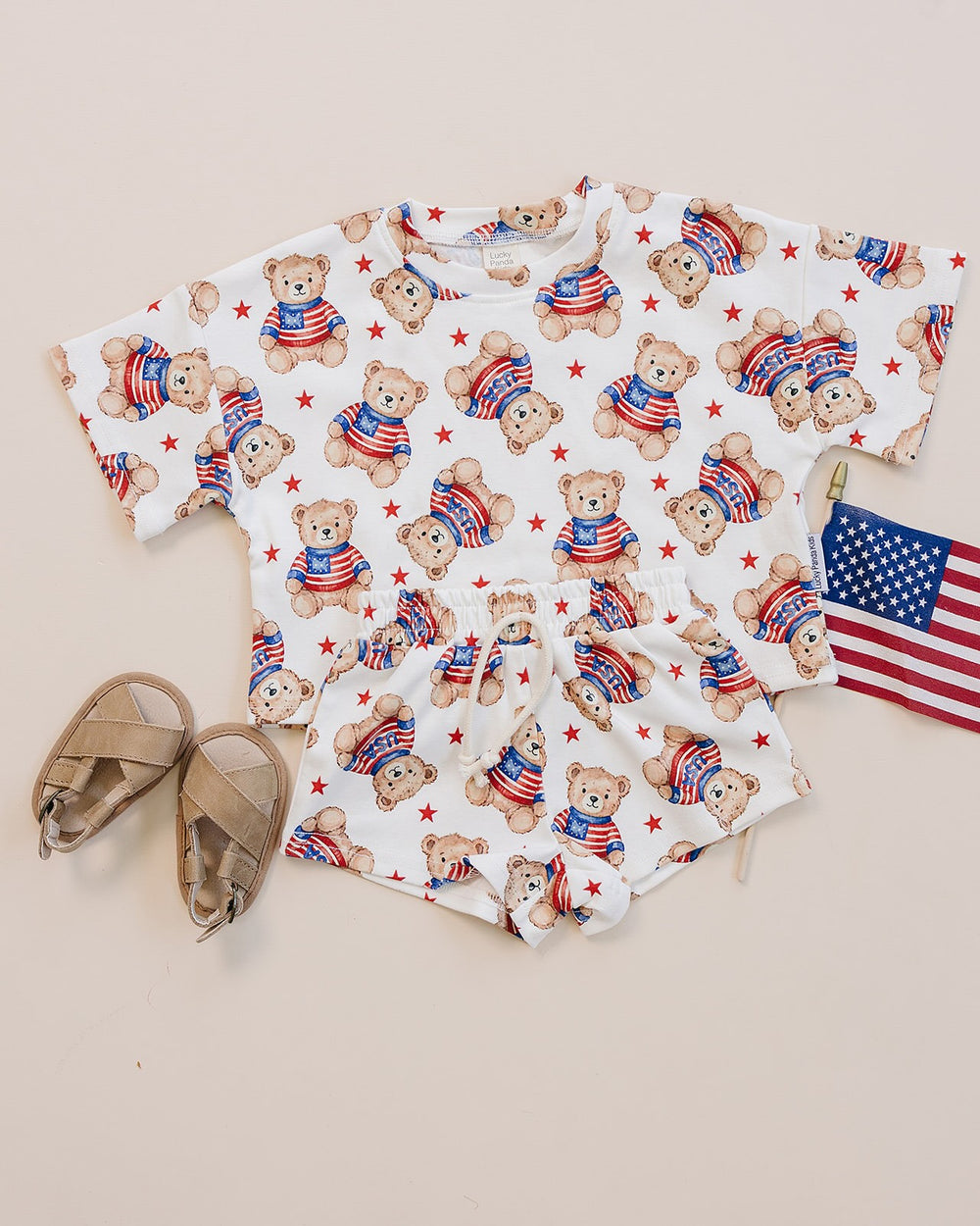 Close-up of Lucky Panda Kids American Bear cotton shorts set — silky soft 95% cotton 5% spandex fabric
