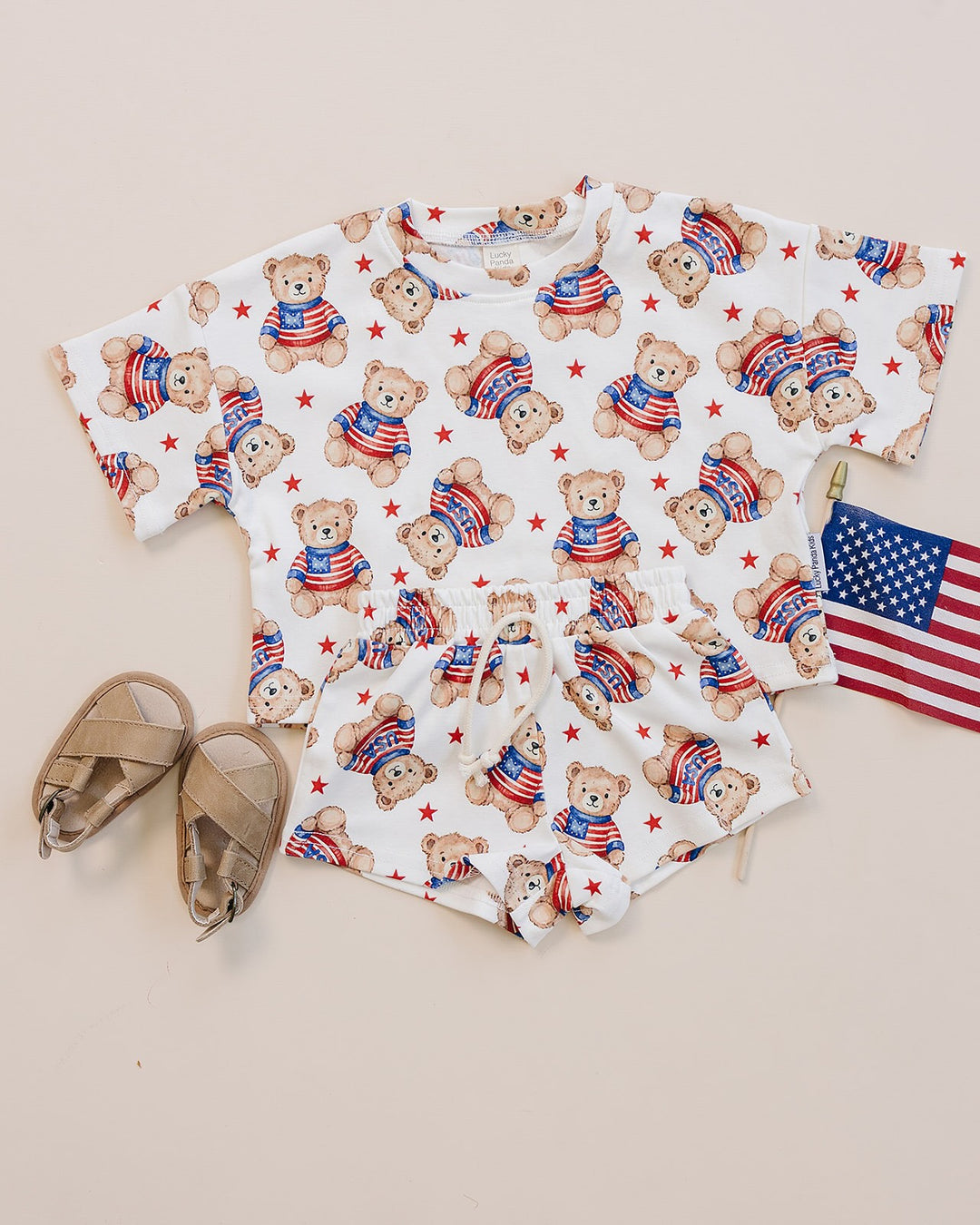 Close-up of Lucky Panda Kids American Bear cotton shorts set — silky soft 95% cotton 5% spandex fabric

