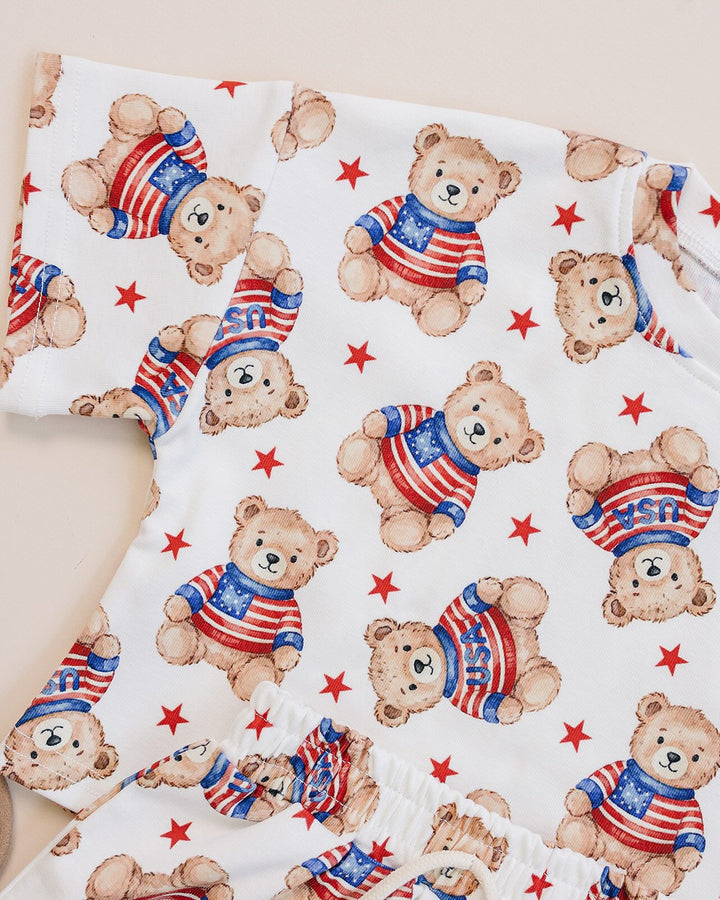 Lucky Panda Kids Cotton Shorts Set American Bear flat lay — 4th of July baby boy outfit