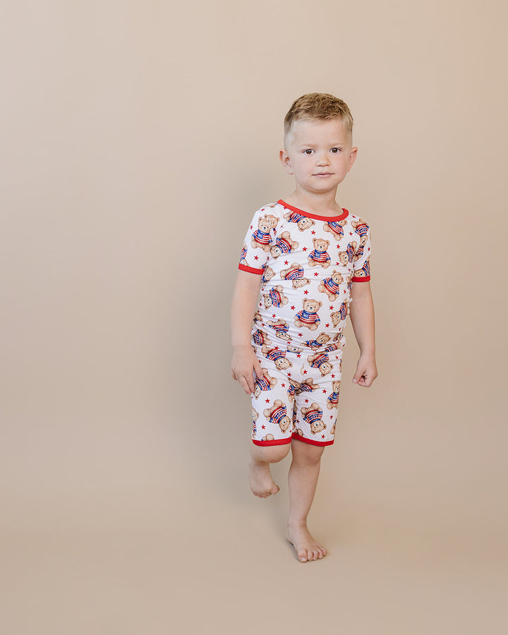 Boy in Lucky Panda Kids 4th of July bamboo shorts set, American Bear design — sizes 18-24M to 8-9Y