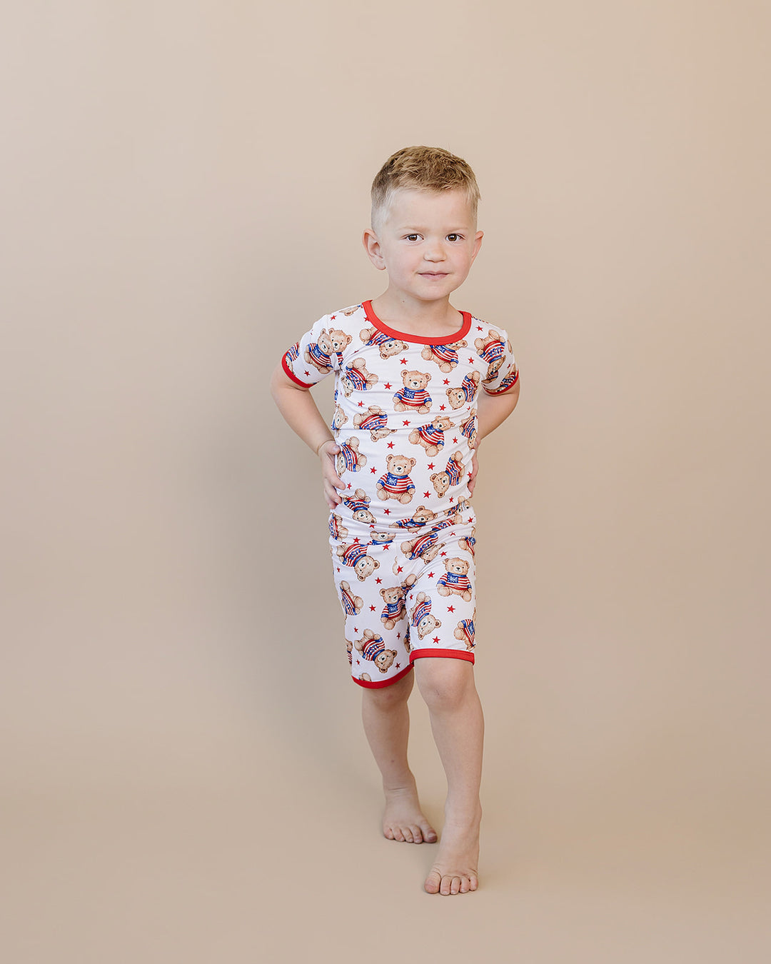 Lucky Panda Kids Bamboo Shorts Set American Bear — front view, stretchy waistband, relaxed fit top