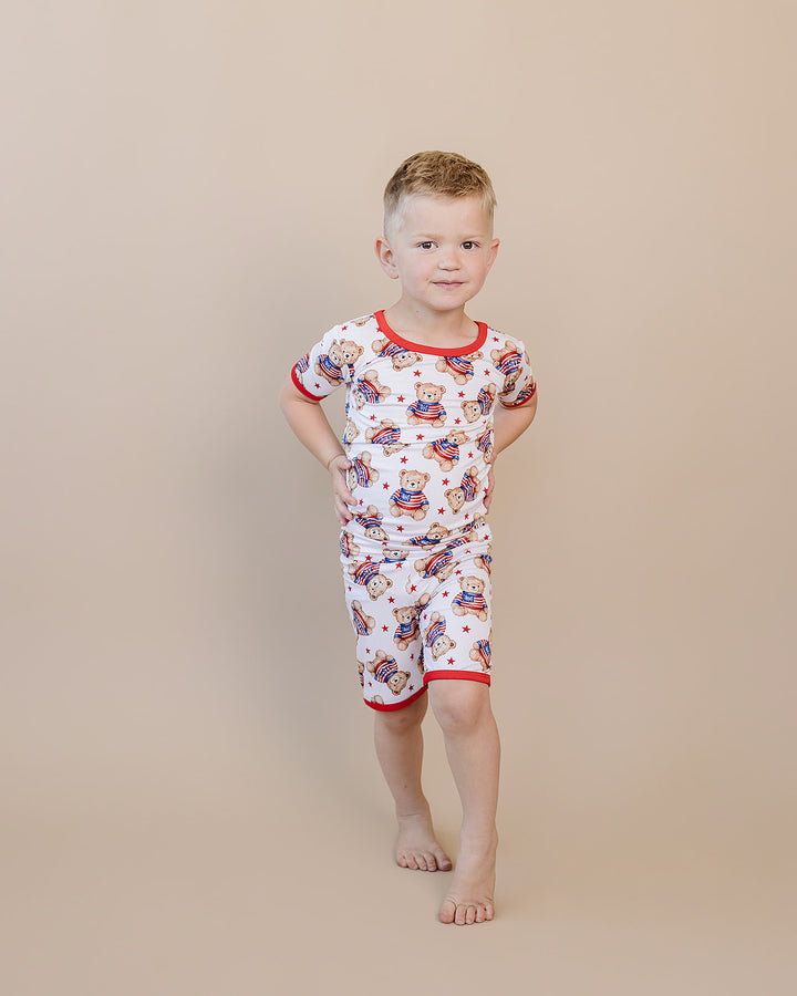 Lucky Panda Kids Bamboo Shorts Set American Bear — front view, stretchy waistband, relaxed fit top