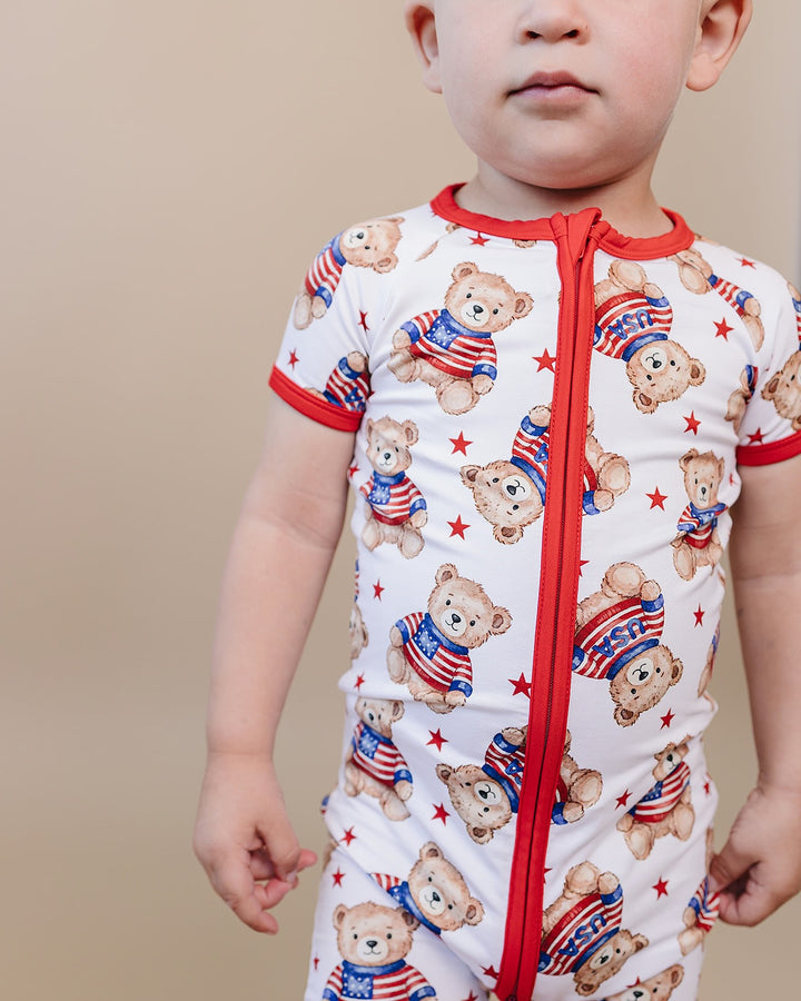 Lucky Panda Kids Bamboo Shorty Romper American Bear — front view, two-way zipper, short sleeves