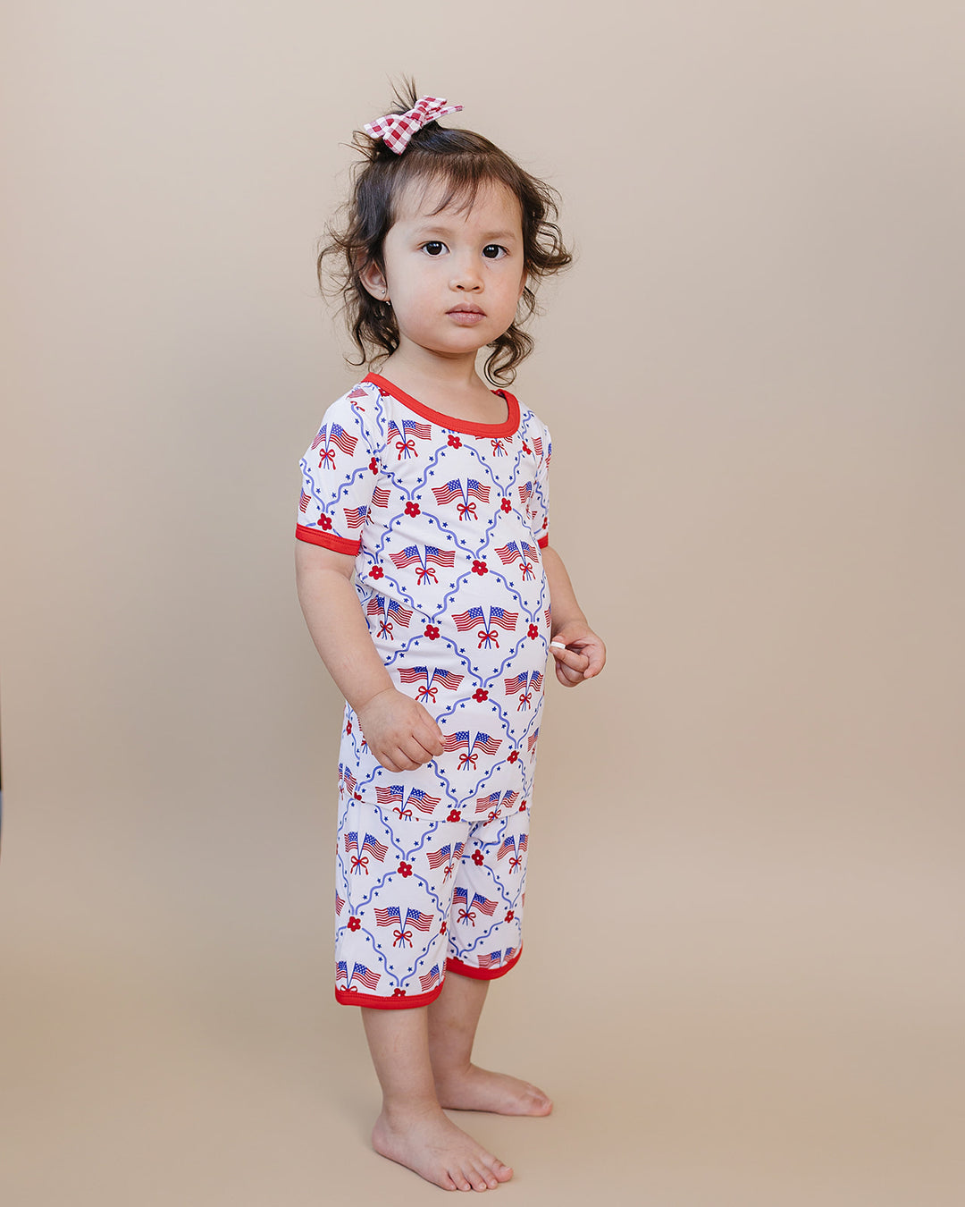 Toddler girl wearing Lucky Panda Kids Bamboo Shorts Set American Girl — patriotic 4th of July two-piece outfit