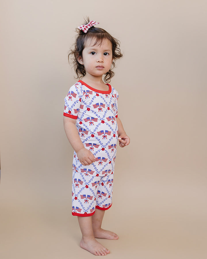 Toddler girl wearing Lucky Panda Kids Bamboo Shorts Set American Girl — patriotic 4th of July two-piece outfit