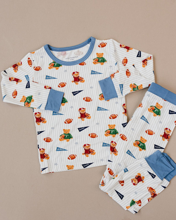Touchdown Teddy bamboo long-sleeve top and matching pants displayed as a flat lay.