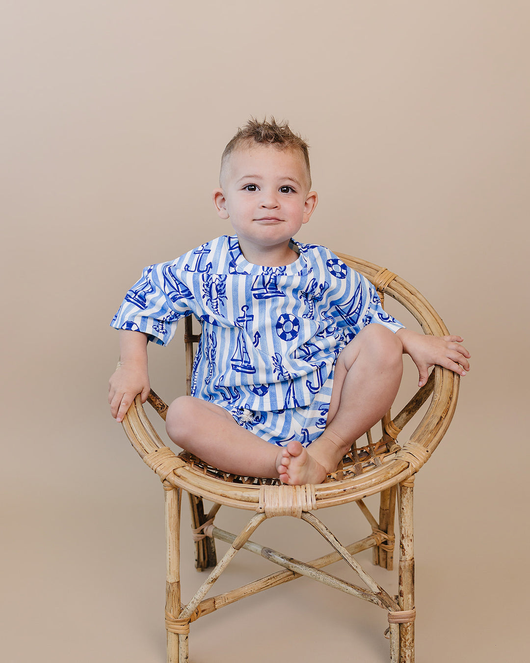 Nautical Cotton Shorts Set — toddler in blue nautical-print summer two-piece, Lucky Panda Kids
