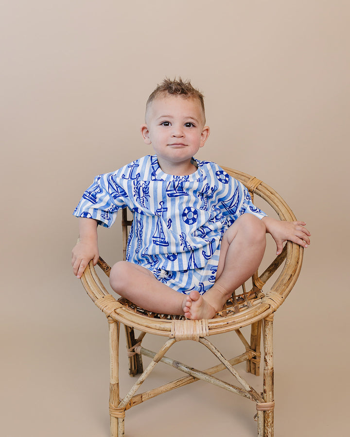 Nautical Cotton Shorts Set — toddler in blue nautical-print summer two-piece, Lucky Panda Kids
