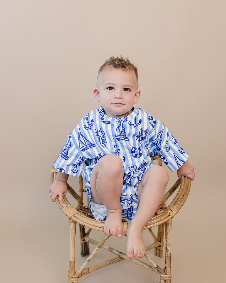 Nautical Cotton Shorts Set — toddler in blue nautical-print summer two-piece, Lucky Panda Kids
